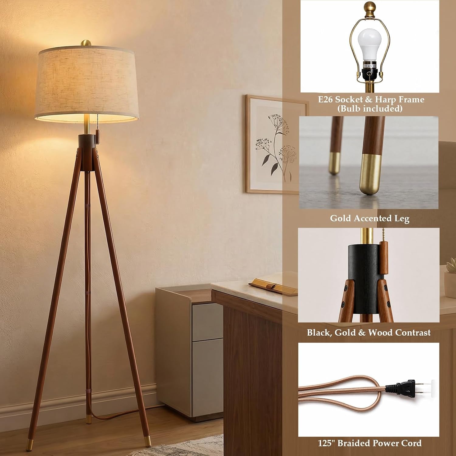 mid-century-tripod-floor-lamp-with-pull-chain-black-gold-finish-two-tone-solid-wood-design-linen-tapered-drum-shade-tall-standing-lamp-for-living-room-bedroom-reading-corner-bulb-included