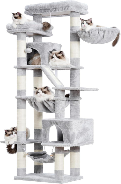 Heybly Cat Tree, 71-Inch-Tall Tower for Indoor Cats with 2 Perches HCT034W | Large Cat Furniture with 2 Big Condos, 2 Hammocks, Basket, Scratching Pad, Multi-Level Cat Condo, Light Gray8