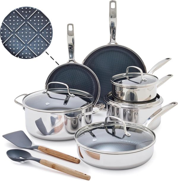 Hybrid 12 Piece Stainless Steel Nonstick Cookware Set | Pfas-Free Ceramic Nonstick Pots & Pans, Diamond Bond, Induction & All Cooktop Ready, Dishwasher and Oven Safe, Glass Lids1