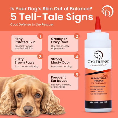 COAT DEFENSE Daily Preventative Powder | Made in USA | 9Oz Precision Point Waterless Dog Shampoo & Pet Deodorizer for Smelly Dogs | Provides anti Itch Relief | Dog Shampoo for Dry Itchy Skin9