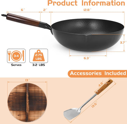Hand Hammered Carbon Steel Wok, Wooden Lid Asian Spatula with Handle - Stir Fry Pan for Chinese, Japanese, and Cantonese Cuisine – Flat Bottom Wok Cooking by Cookeries / 2 Accessories3