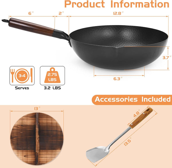Hand Hammered Carbon Steel Wok, Wooden Lid Asian Spatula with Handle - Stir Fry Pan for Chinese, Japanese, and Cantonese Cuisine – Flat Bottom Wok Cooking by Cookeries / 2 Accessories3