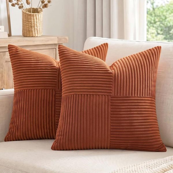 2 Packs Rust Boho Decorative Throw Pillow Covers 18X18 Inch for Couch Bed Sofa, Farmhouse Fall Home Decor, Soft Corss Corduroy Patchwork Textured Terracotta Accent Cushion Case 45X45 Cm1