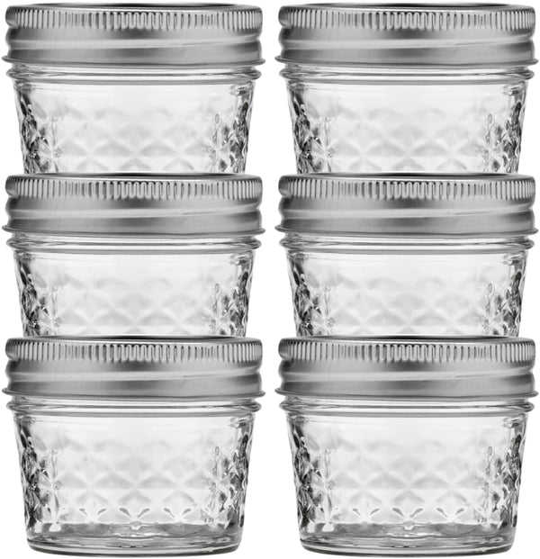 Wide Mouth Quilted Crystal Jelly Jars with Lids and Bands, Used for Canning, Pickling, Juice, Jam, Jelly, Quarter Pint Size (4 Ounce (Pack of 6))1