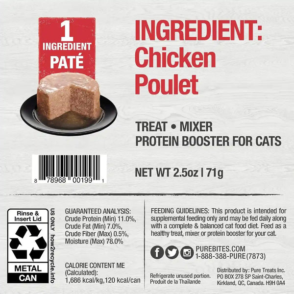 Purebites 100% Pure Chicken Pate Cat Treat | 2.5Oz Can | Only 1 Ingredient | Case of 122