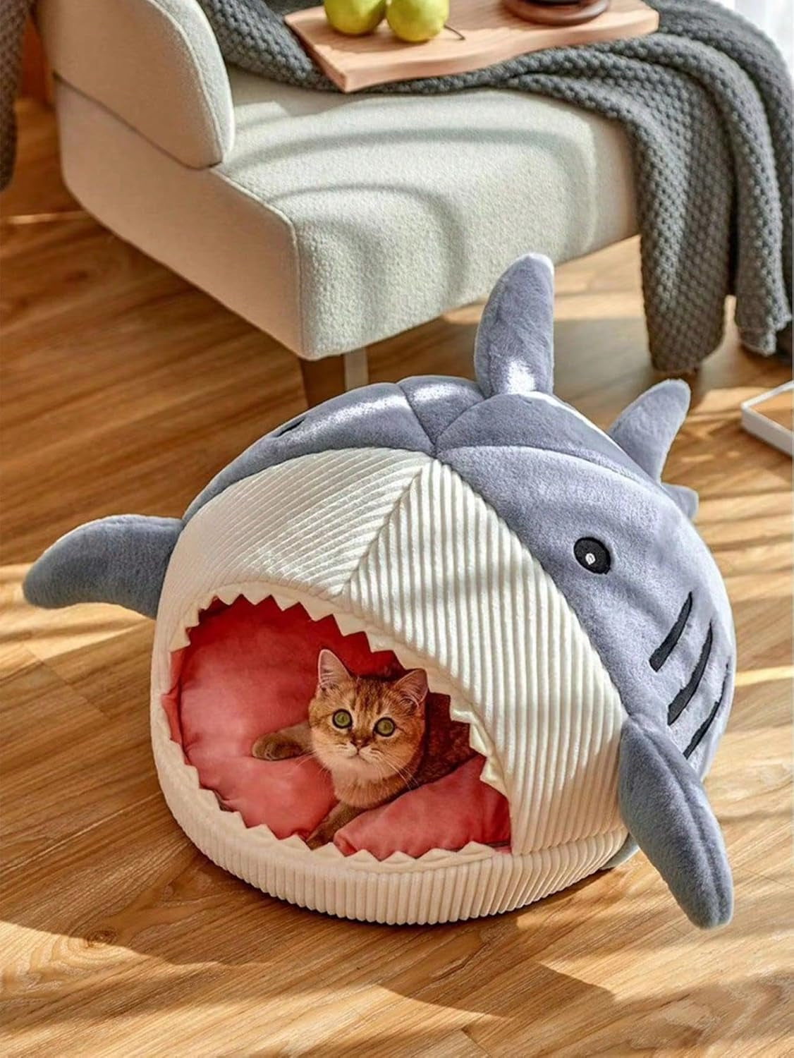 qwinee-cat-mat-shark-shaped-kennel-kitten-bed-hideout-house-warm-soft-comfortable-semi-closed-cat-dog-nest-blue-s