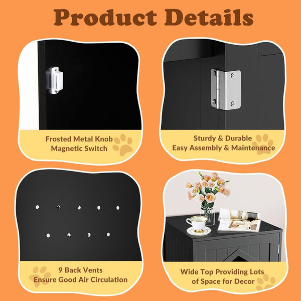 ZENY Hidden Cat Litter Box Furniture - Enclosed Cabinet with Vent Holes, Indoor Wooden Washroom, End Table, Nightstand (Black)5