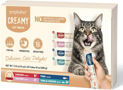 PETPHABET Lickable Cat Treats Squeeze, 4 Flavors Variety Pack 20 Tubes | Creamy Puree Squeezable Wet, Skin & Coat Health, Digestive Care, High Protein, Grain Free1