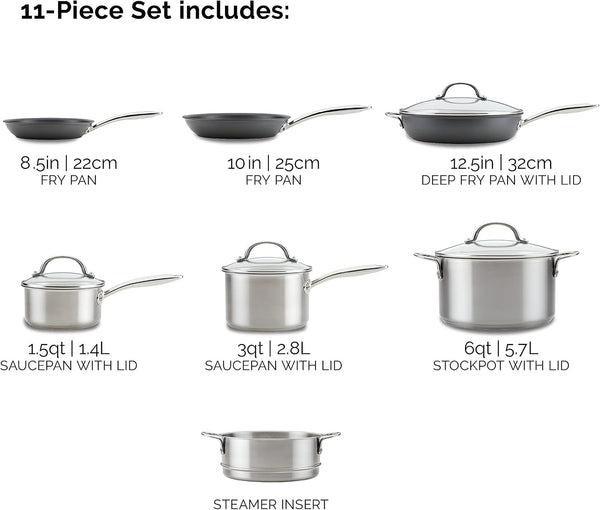 70033 Professional Stainless Steel/Hard Anodized Nonstick Cookware Pots and Pans Set, 11 Piece - Gray and Silver11