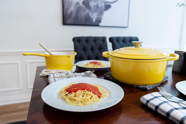 4-Piece Enameled Cast Iron Set, Oven Safe and Suitable for All Cooktops – Includes 5.7 Quart Dutch Oven Pot with Lid and 2.2 Quart Saucepan with Lid (Limoncello)5