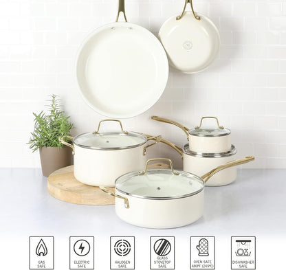Lockton Premium Non Stick Non Toxic PFA Free Ceramic Interior 10 Piece Heavy Gauge Enamel Aluminum Pots and Pans Cookware Set - Linen White W/Gold Handle5
