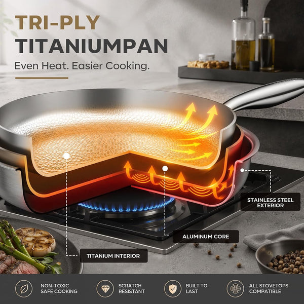 12" Titanium Pans for Cooking with Lid Hammered Chef-Grade Skillet | No Coating & Pfas-Free Healthy Cookware, Durable Non-Toxic Pan, Induction Compatible, Dishwasher & Oven Safe5