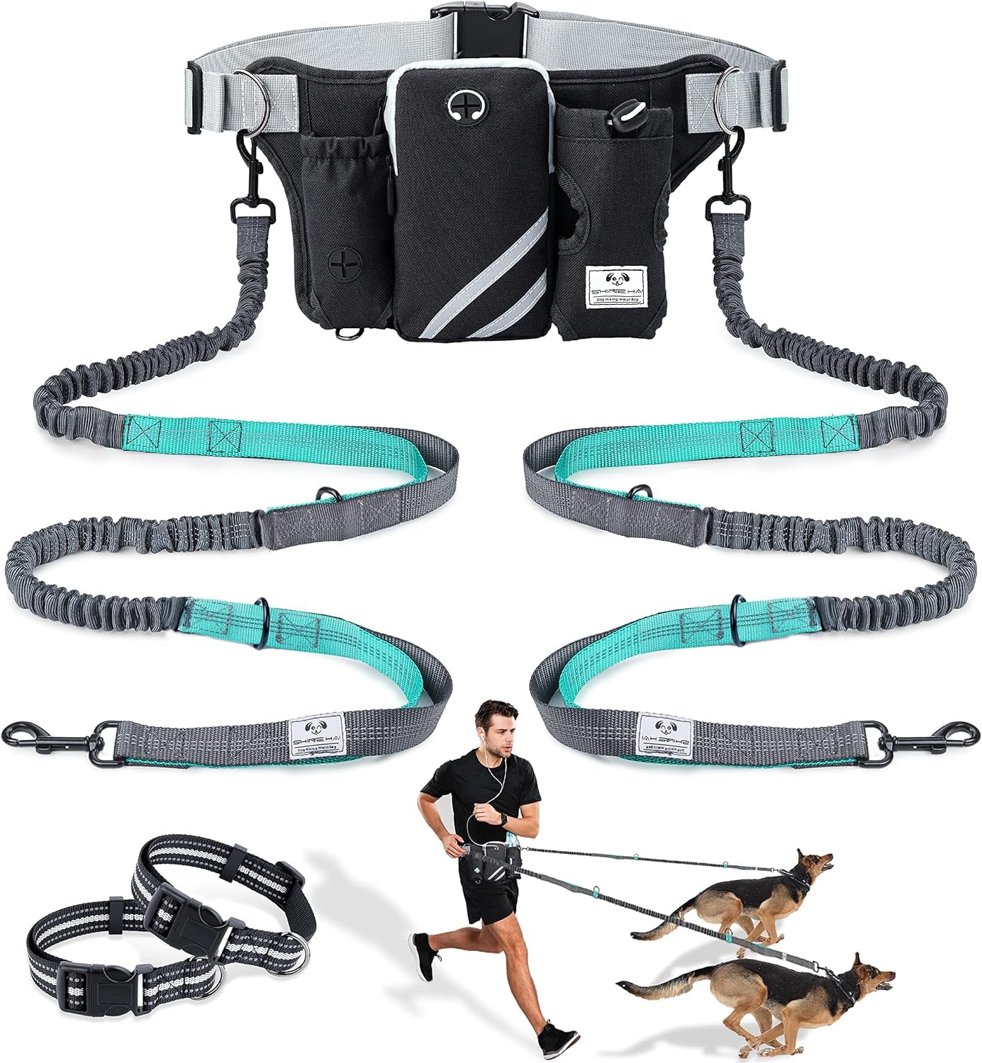 shine-hai-retractable-hands-free-dog-leash-with-dual-bungees-for-2-dogs-adjustable-waist-belt-fanny-pack-reflective-stitching-leash-for-running-walking-hiking-jogging-biking-black