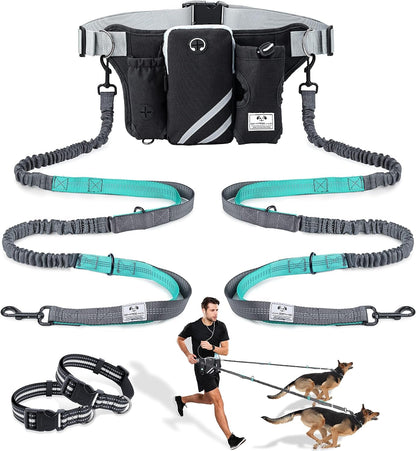 SHINE HAI Retractable Hands Free Dog Leash with Dual Bungees for 2 Dogs, Adjustable Waist Belt Fanny Pack, Reflective Stitching Leash for Running Walking Hiking Jogging Biking Black1