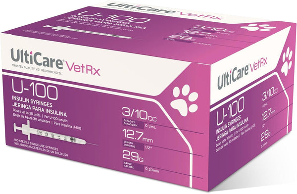 Ulticare Vetrx U-100 Pet Insulin Syringes, Comfortable and Accurate Dosing of Insulin for Pets, Compatible with Any U-100 Strength Insulin, Size: 3/10Cc, 29G X 1/2’’, 100 Ct Box1