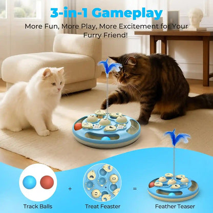 3 in 1 Cat Treat Puzzle Feeder, Level 3 Interactive Cat Puzzle Toy with Track Balls, Feather Teaser & Slow Feeder Insert, Non-Slip Base, Mental Stimulation for Bored Indoor Cats, Blue3