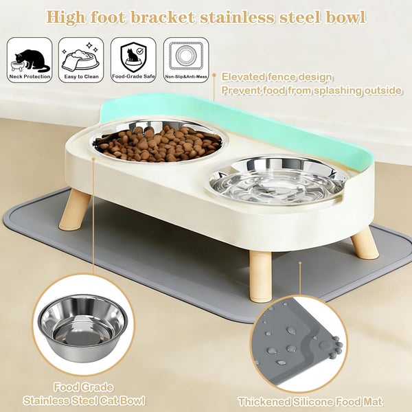 Elevated Cat Bowls with Food Mat, Splash Proof anti Vomiting Raised Cat Food and Water Bowl Set, 2 Stainless Steel Dishes for Cats and Puppy, Pet Bowl for Indoor Cats White4