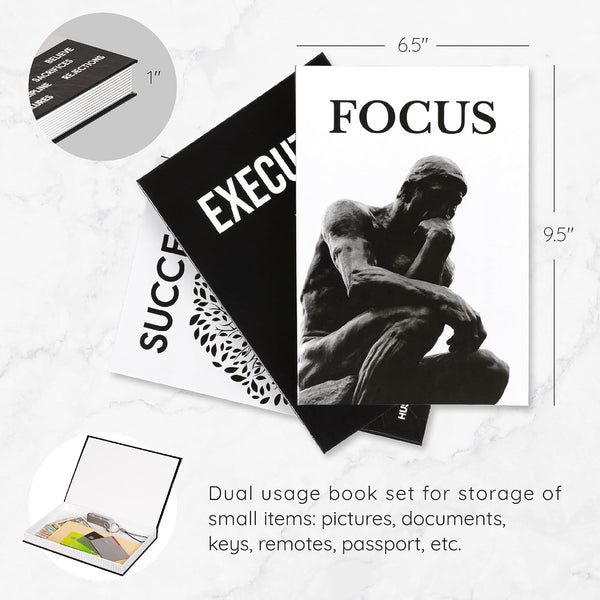 Motivational Decorative Books Set of 3 - Faux Books for Home Office Decor | Black White Fake Books for Decoration with Magnetic Hidden Storage Box for Office Desk, Coffee Table, Bookshelf, Tv Stand2