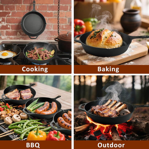 Cast Iron Skillet 3-Piece Set, 6", 8", 10" Frying Pans, Heavy-Duty Pre-Seasoned Pan Cookware Set, for Frying, Saute, Cooking, Pizza & More, Black5