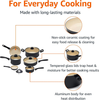 11-Piece Ceramic Non-Stick Pots and Pans Set, Dishwasher & Oven Safe, Easy Clean, Glass Lids, Black/Cream2