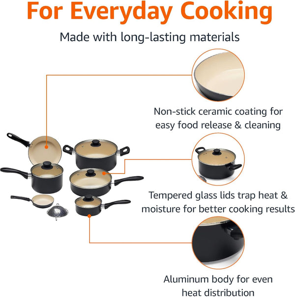 11-Piece Ceramic Non-Stick Pots and Pans Set, Dishwasher & Oven Safe, Easy Clean, Glass Lids, Black/Cream2