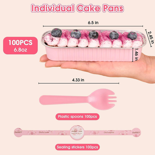 100 Pack Mini Cake Pans with Lids and Spoons, Disposable Aluminum Foil Cake Tins（6.8Oz） Individual Small Cake Baking Containers for Party, Wedding, Birthday2