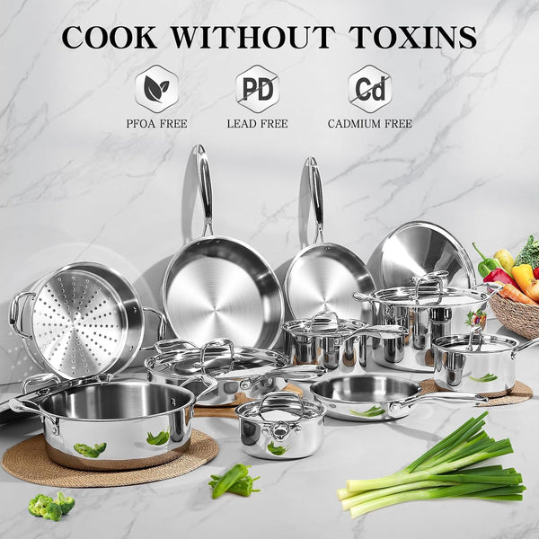 Stainless Steel Cookware Set, 3 Ply 17 Piece Stainless Steel Pot and Pan Set, Oven Dishwasher Safe | Induction Compatible Frying Pans, Saucepans, Saute Pan & Stock Pot, PFOA, PTFE & PFOS Free2