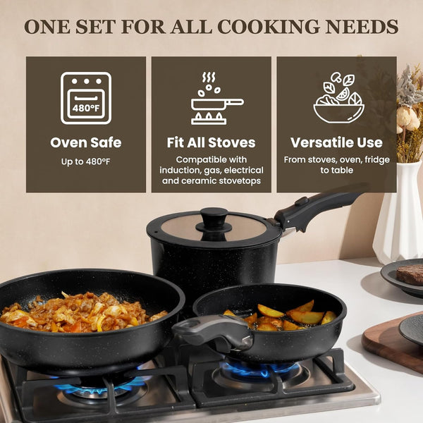 Nonstick Pots and Pans Set - 20 Pack  Stackable Cookware Set with Detachable Handle, RV Kitchen Cooking Set with Removable Handles - Oven Safe, Induction Ready (Black)3