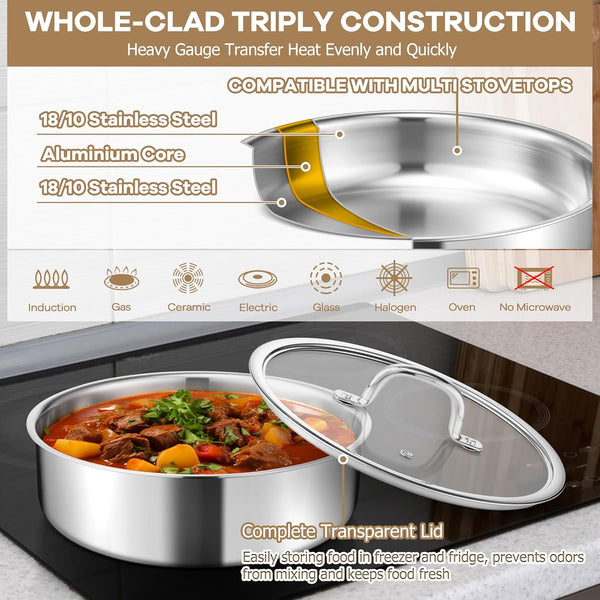 9Pcs Stainless Steel Cookware Set, 3-Ply Pots and Pans Set W/Detachable Handle & Lid, Induction Cookware Kitchen Cooking Set for RV Camping, Nontoxic Whole Clad Frying/Saute/Sauce Pan, Oven Safe7