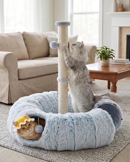 Aechonow 3-In-1 Cat Tunnel Bed, 34'' Cat Scratching Post for Indoor Cats | Fluffy Peekaboo Donut Hideout Toy for Pets, Rabbit, Ferret1