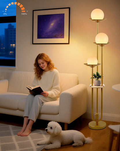 63IN Globe Floor Lamp with Shelf 3-Lights Modern Dimmable Floor Lamps with 3000K Soft Warm White Bulbs for Wedding/Party, Gold Tall Standing Lamp with 5Lbs Heavy Base for Living Room/Bedroom1
