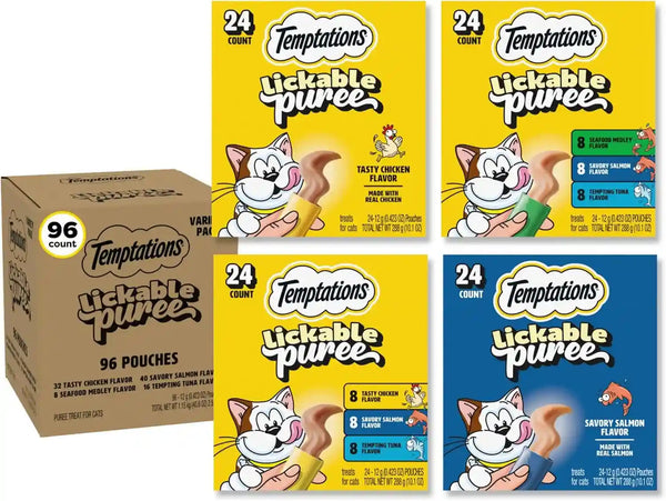 Temptations Creamy Puree Cat Treats, Beef, Chicken, Salmon & Tuna, 48 Count | Beef, Salmon, Chicken & Tuna, under 15 Cal/Tube, No Added Sugar or Fillers, Senior-Friendly, Meal Topper or Hand-Feed26
