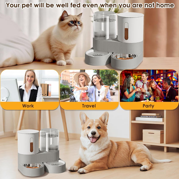 2 in 1 Automatic Gravity Cat Dog Feeder and Water Dispenser with 304 Stainless Steel Bowls, 360 Degree Rotatable Auto Food with 2 Specialized Brushes for Small Medium Pet Dog Puppy Kitten (Gray)9