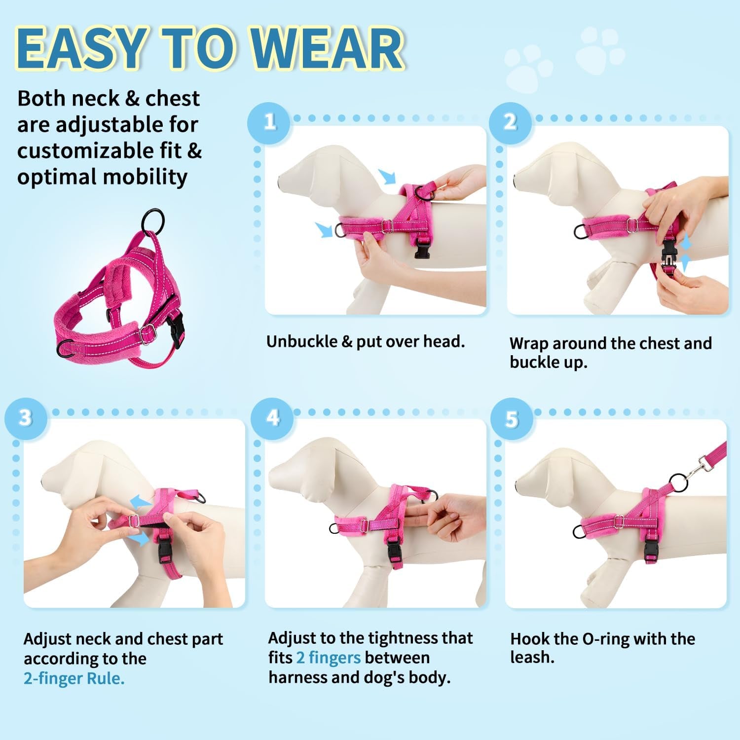 slowton-no-pull-small-dog-harness-and-leash-set-puppy-soft-vest-harness-neck-chest-adjustable-reflective-lightweight-harness-anti-twist-pet-lead-combo-for-small-medium-dogs-fuchsia-xxs