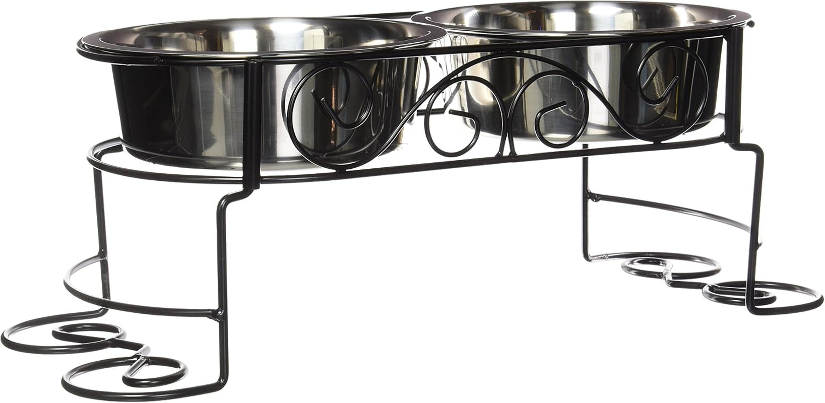 spot-mediterranean-double-diner-elevated-dog-bowls-raised-feeder-with-stainless-steel-bowls-1-pint-capacity-per-bowl-2-cups-total-promotes-better-digestion-decorative-metal-stand-black