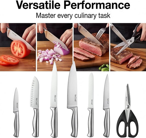 Knife Set Kitchen Steel Knife Block Set W Built-In Sharpener | German Forged Stainless Steel,15 Pc,Razor Sharp,Non-Stick&Anti-Rust,Ergonomic Handle,Full Tang,Gift Box6
