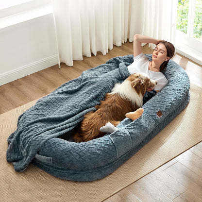 Chixnuggle Orthopedic Human Dog Bed,With Faux Fur Washable Cover,Blanket | Bluish Grey,72*40*10,Giant Dog Bed for Adult or Extra Large Dogs,Egg Crate Foam,Non-Slip Bottom1