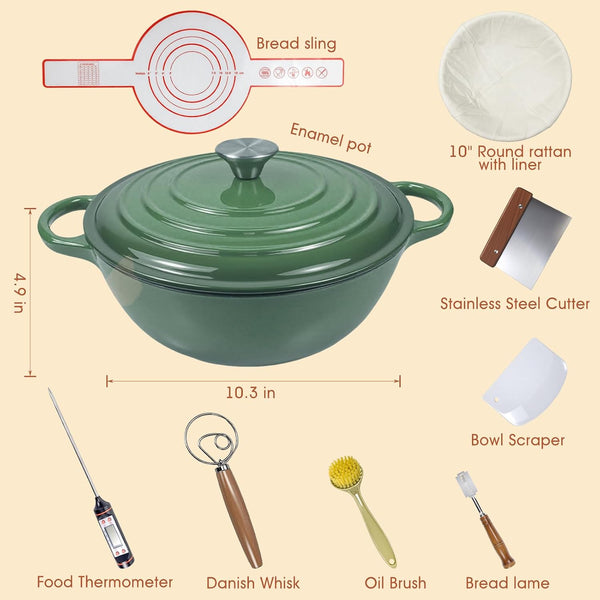 5QT Enameled Cast Iron Dutch Oven for Bread & Multi-Cooking – Complete Sourdough Starter Kit with Lid ,Probe Thermometer, Proofing Basket, Silicone Sling & Gift Packaging Bags,Oven Safe up to 500°F(Green)2