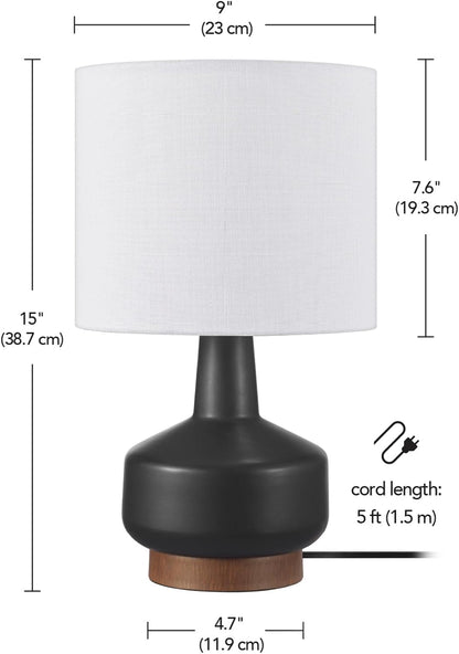 15" Ceramic Table Lamp, Matte Black Base, Wood-Toned Accent, White Linen Shade, Dual Rotary Switch, Modern Bedroom or Office Lighting, 610000467