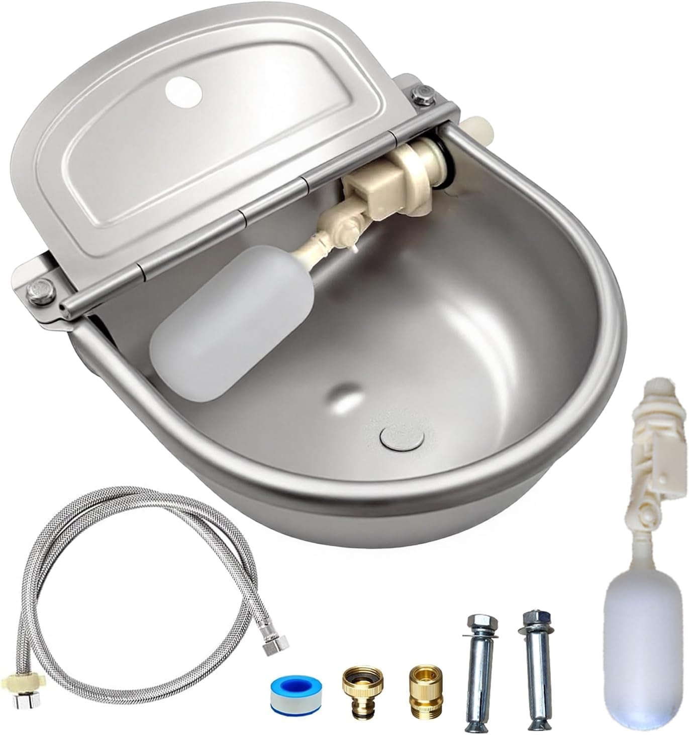 automatic-water-bowl-304-stainless-steel-pet-water-dispenser-dog-feeder-waterer-for-large-dogs-with-40-inch-steel-hose-2-float-valve-copper-connector-adapter-2-bolts-with-drainage-hole