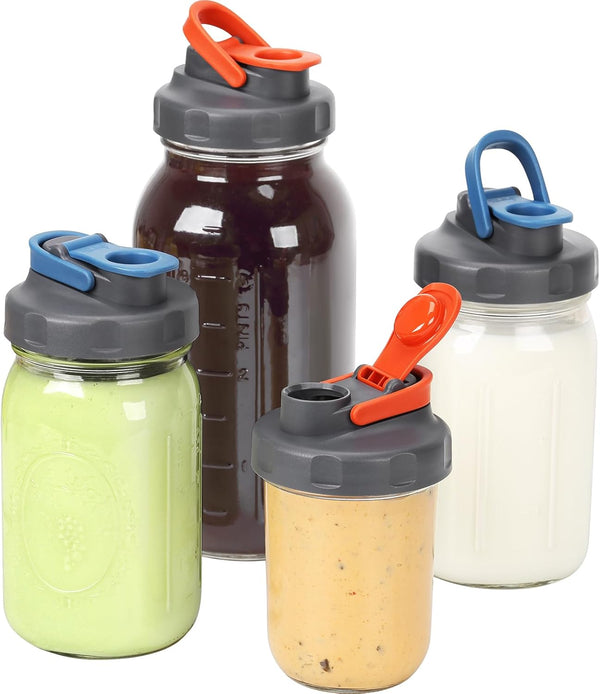4 Pack Mason Jar Lids Pour Spout, Wide Mouth Flip Cap | Leak-Proof, 2 Gray-Red + 2 Gray-Blue, Airtight Lids for Ball Brand Wide Mouth Mason Jars (Jars Not Included)1