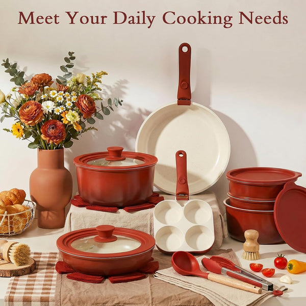 21PCS Pots and Pans Set Non Stick,Kitchen Cookware Set Detachable Handle,Red and Black Gradient Pot and Pan Set,Non Toxic Cooking Pan Set with Frying Pans Set,Rv Cookware Sets for All Stoves7