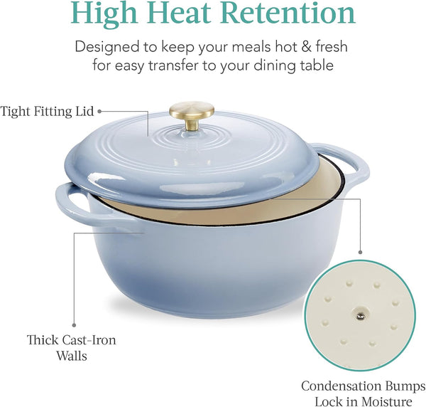 Best Choice Products 6 Quart Enamel Cast-Iron round Dutch Oven, Family Style Heavy-Duty Pre-Seasoned Cookware for Home, Kitchen, Dining Room, Oven Safe W/Lid, Dual Handles - Cornflower Blue6