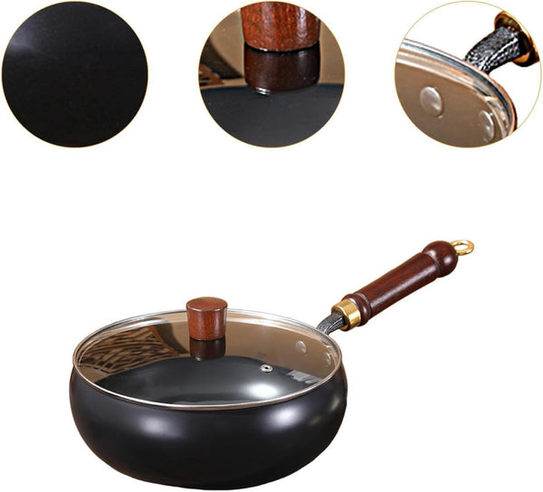 Flat Bottom Wok Sturdy Stir Fry Pan Comfortable Handle without Coated Cookware Cooking Pot for Hotel Camping Home Kitchen Restaurant, Glass Lid5