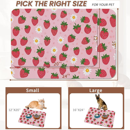 Cute Strawberry Flower Dog Cat Food Mat,Pink Absorbent Pet Feeding Mat with Rubber Backing,Non-Slip Water Bowl Placemat,Indoor Pet Accessories Supplies 12"X20"2