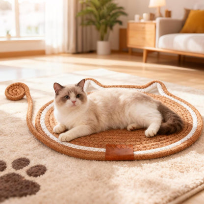 2 PC Cat Scratcher Mat - Natural Cotton Rope Oval Horizontal Scratch Pad (11''X13.7'') with Dangling Ball Toy, Cat Ear Design, Furniture Protector for Floor/Wall, Durable Handmade (Balck, 2 PC)6