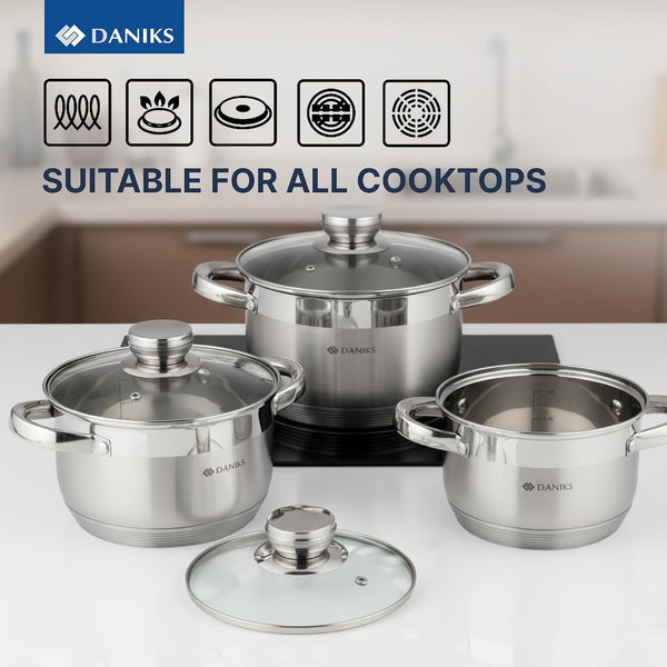 Standard 6-Piece Stainless Steel Cookware Set with Glass Lid, Tri-Ply Bases for Even Heating, Induction Compatible, Dishwasher Safe, Built-In Measuring Scale, Silver7