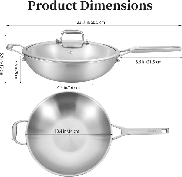 13 Inch Stainless Steel Wok with Lid, Detachable Handle | Uncoated Tri-Ply Stainless Steel Stir Fry Pan, Everyday Cooking Wok for Induction, Flat Bottom, Dishwasher & Oven Safe8