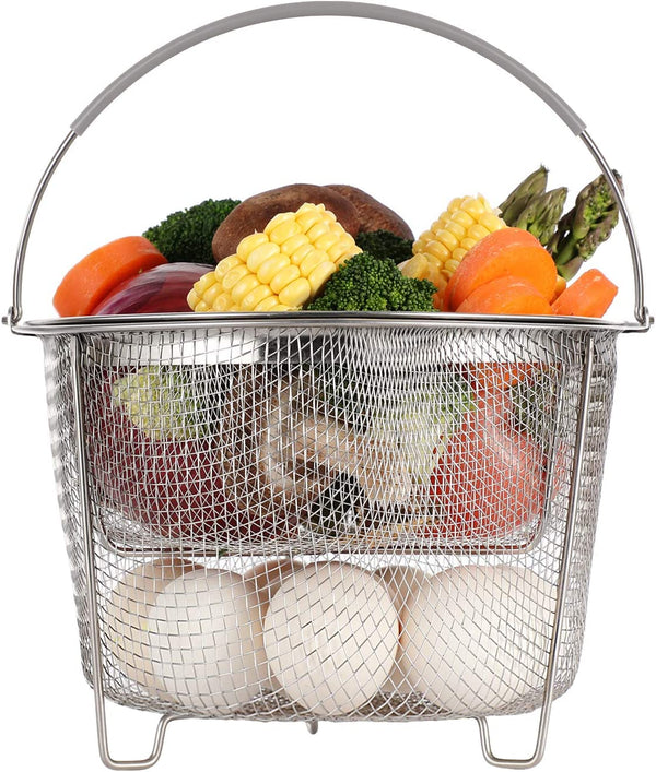 Steamer Basket for Instant Pot Accessories 6 Qt or 8 Quart - 2 Tier Stackable 18/8 Stainless Steel Mesh - Silicone Handle - Vegetable Steamer Insert, Egg Basket, Pasta Strainer,Silver1