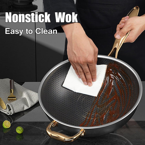 Wok Pan, Hybrid Nonstick Wok with Lid,Induction Non Stick Stainless Steel Large Deep Woks&Stir-Fry Pans,Stay-Cool Handle Skillets,Pfoa Free Cookware,With Lid,11.81In3
